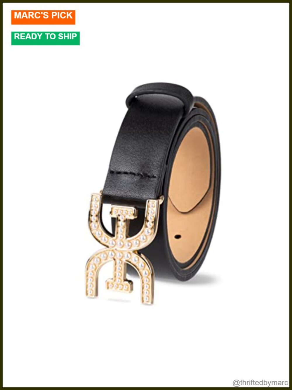 Imitation Pearl Embellished Double-E Logo Buckle Leather Belt - Picture 2 of 5